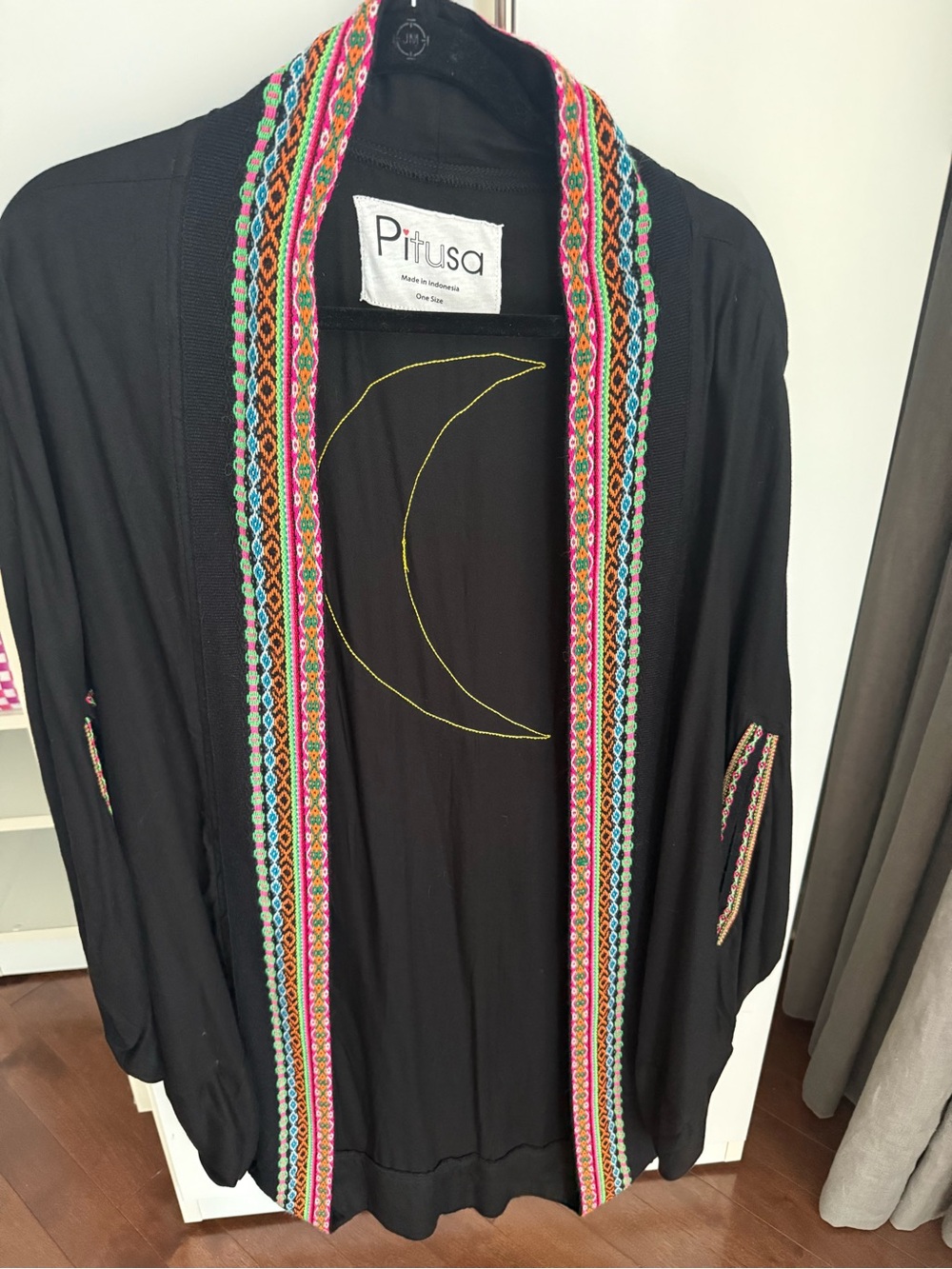 Pitusa Black Open-Front Jacket with Multicolor Embroidered moon Trim